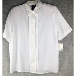 Laura Scott White Collared Button Short Sleeve Blouse Embroidered Hem Size 8